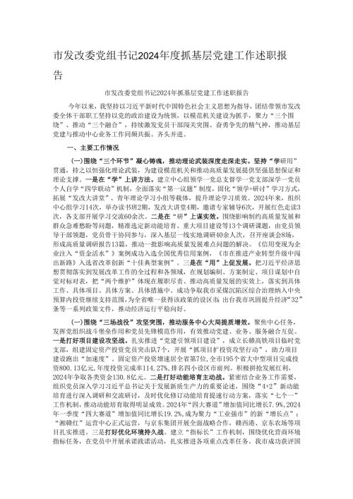 市发改委党组书记2024年度抓基层党建工作述职报告.docx