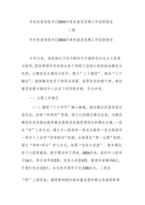 市发改委党组书记2024年度抓基层党建工作述职报告二篇.docx