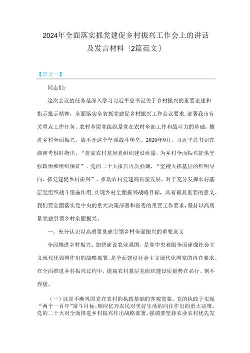 2024年全面落实抓党建促乡村振兴工作会上的讲话及发言材料｛2篇范文｝.docx