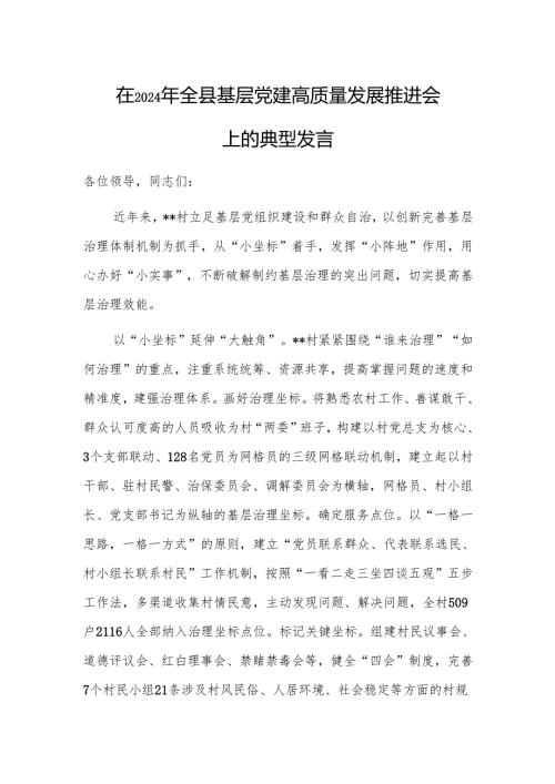 2024年基层党建高质量发展推进会上的典型发言范文2篇.docx