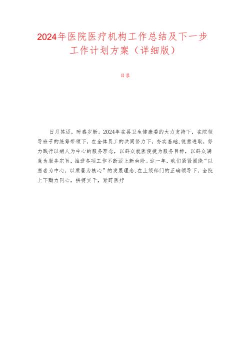 2024年医院医疗机构工作总结及下一步工作计划方案（详细版）.docx