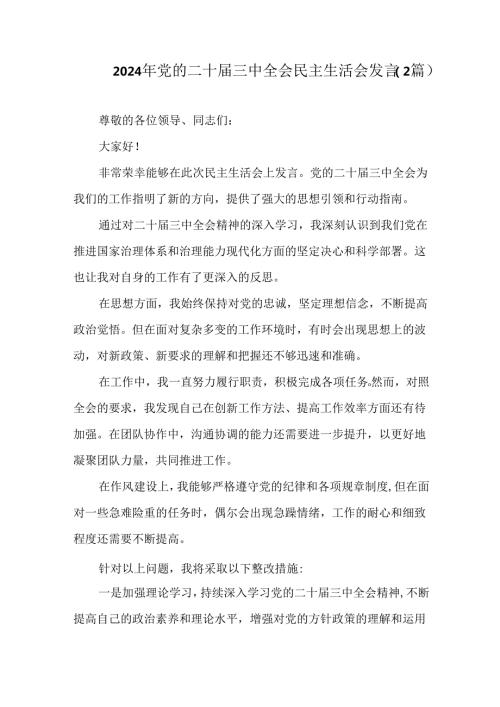 2024 年党的二十届三中全会民主生活会发言（2篇）.docx
