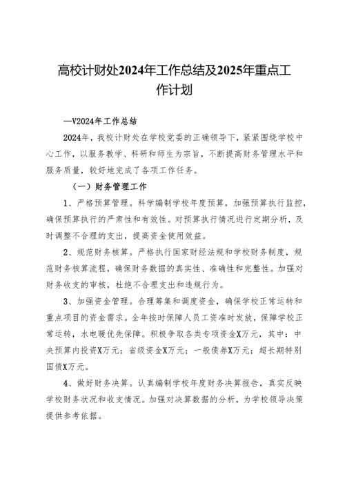 高校计财处2024 年工作总结及2025年重点工作计划.docx