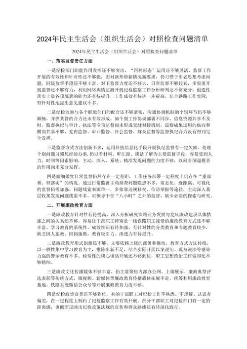 2024年民主生活会（组织生活会）对照检查问题清单.docx