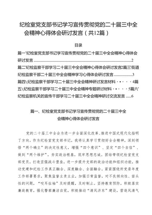 纪检室党支部书记学习宣传贯彻党的二十届三中全会精神心得体会研讨发言12篇（详细版）.docx
