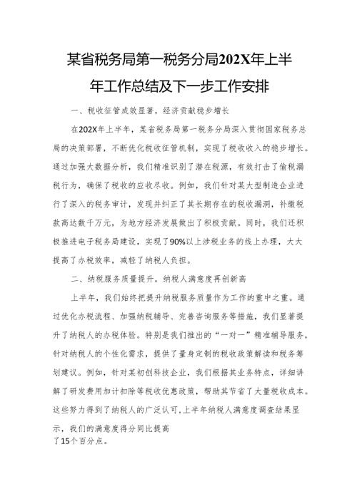 某省税务局第一税务分局202X年上半年工作总结及下一步工作安排.docx