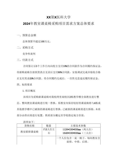 XX第X医科大学2024年教室课桌椅采购项目需求方案总体要求（2024年）.docx