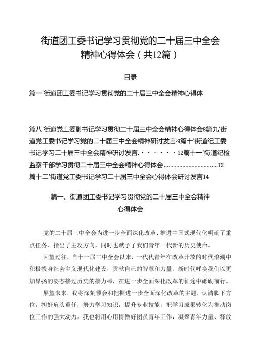 街道团工委书记学习贯彻党的二十届三中全会精神心得体会12篇供参考.docx