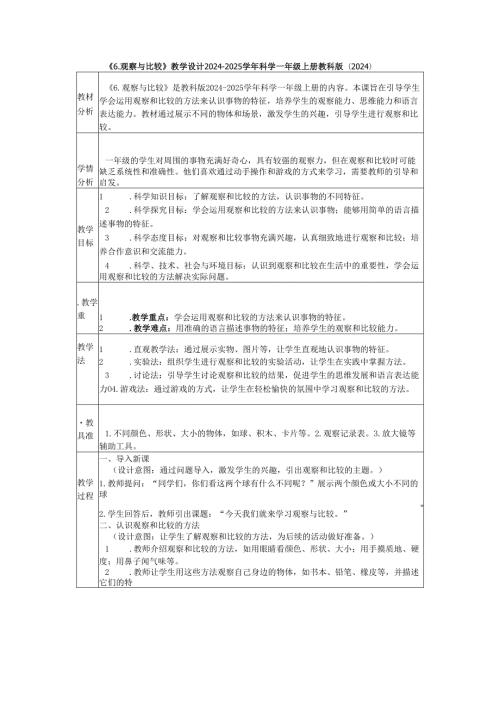 （2024秋新版）教科版科学一年级上册《6. 观察与比较》教学设计.docx