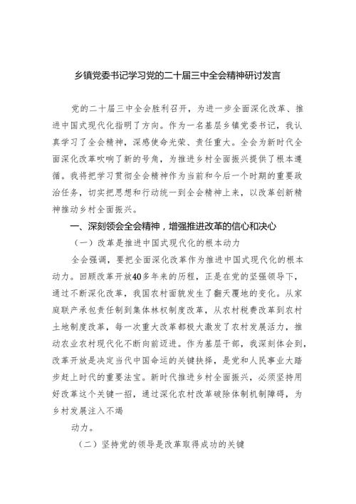 （12篇）乡镇党委书记学习党的二十届三中全会精神研讨发言范文.docx