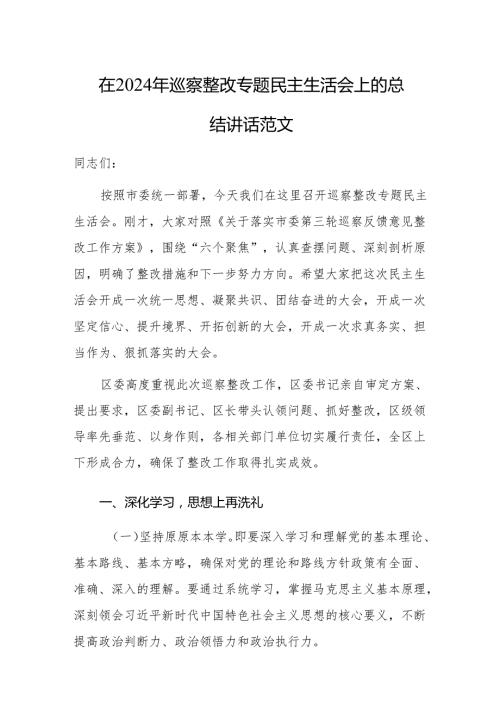 在2024年巡察整改专题民主生活会上的总结讲话范文.docx