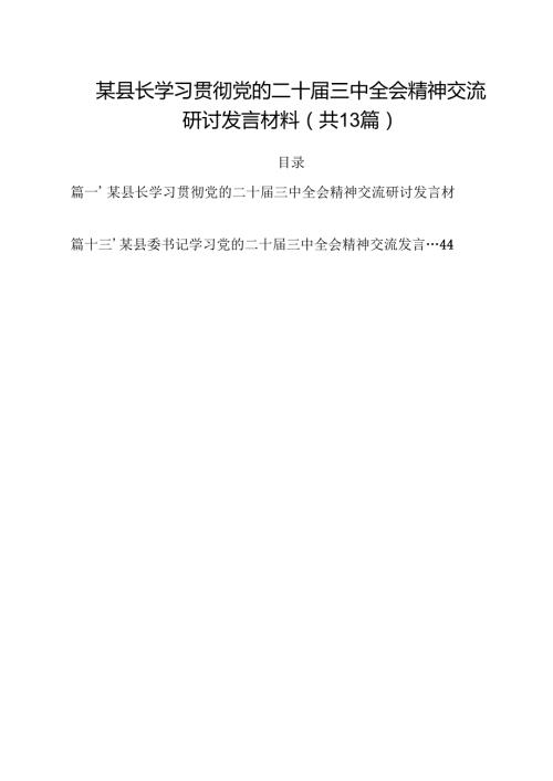 某县长学习贯彻党的二十届三中全会精神交流研讨发言材料（共13篇）.docx