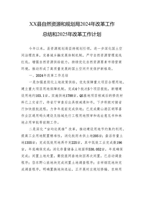 XX县自然资源和规划局2024年改革工作总结和2025年改革工作计划(20241111).docx