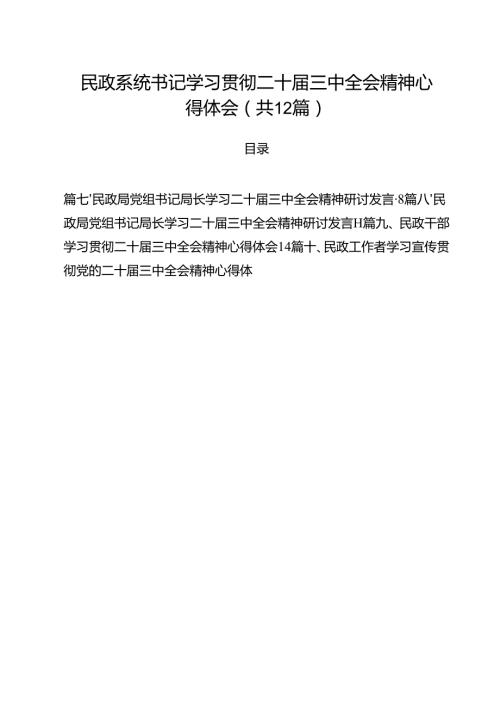 民政系统书记学习贯彻二十届三中全会精神心得体会12篇（最新版）.docx