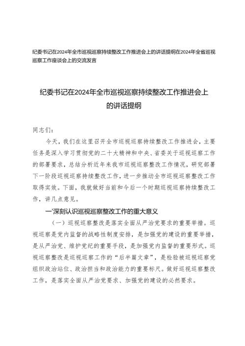 纪委书记在2024年全市巡视巡察持续整改工作推进会上的讲话提纲+全省巡视巡察工作座谈会上的交流发言.docx