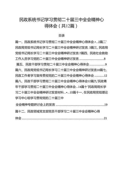 民政系统书记学习贯彻二十届三中全会精神心得体会12篇（详细版）.docx