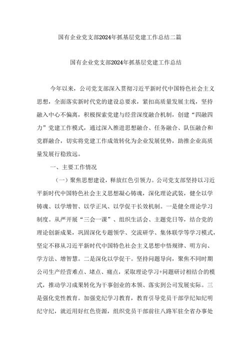 国有企业党支部2024年抓基层党建工作总结二篇.docx