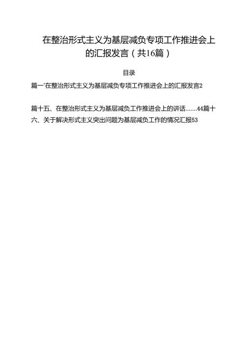 在整治形式主义为基层减负专项工作推进会上的汇报发言（共16篇）.docx