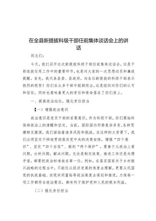 在全县新提拔科级干部任前集体谈话会上的讲话.docx
