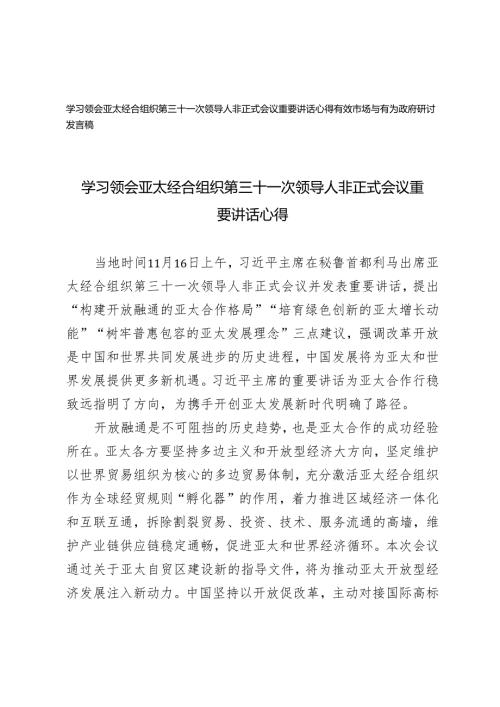 学习2024年领会亚太经合组织第三十一次领导人非正式会议重要讲话心得体会+有效市场与有为政府研讨发言稿.docx