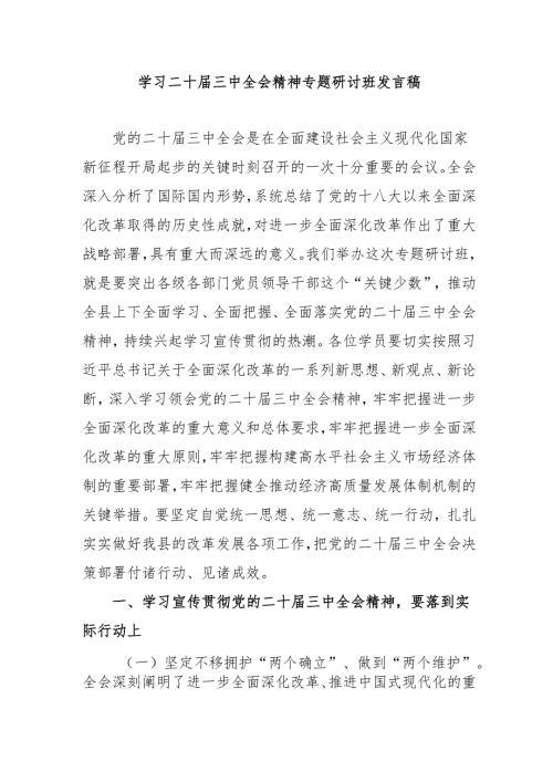 2024年开展《学习二十届三中全会精神》专题研讨班开班发言稿合计3份.docx