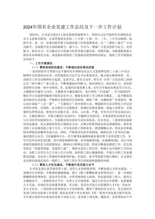 2024年国有企业党建工作总结及下一步工作计划.docx