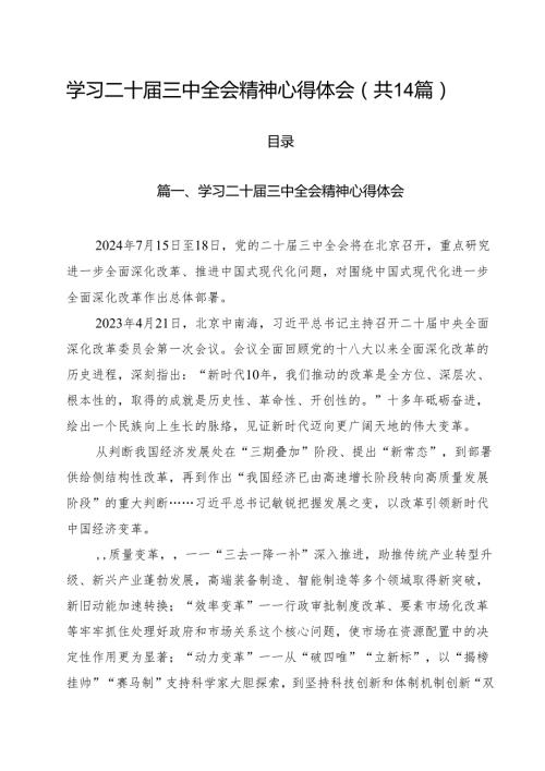 学习二十届三中全会精神心得体会通用14篇（最新版）.docx