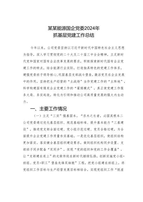 某某能源国企党委2024年抓基层党建工作总结.docx