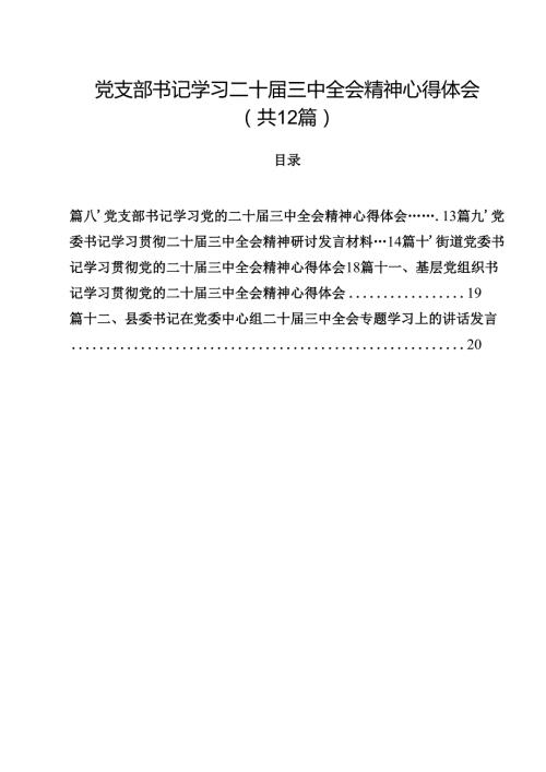 党支部书记学习二十届三中全会精神心得体会（共12篇）.docx