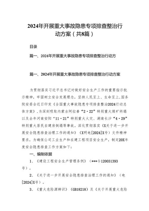 2024年开展重大事故隐患专项排查整治行动方案(精选八篇汇编).docx