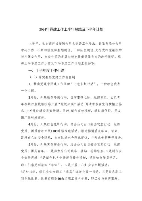 2024年党建工作上半年总结及下半年计划10篇（最新版）.docx