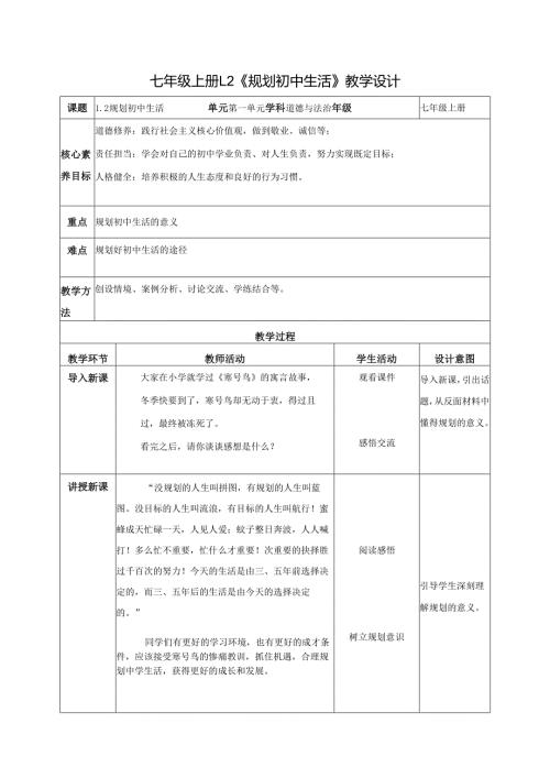 全国赛课一等奖统编版七年级道德与法治上册（人教2024年）《规划初中生活》教学设计.docx