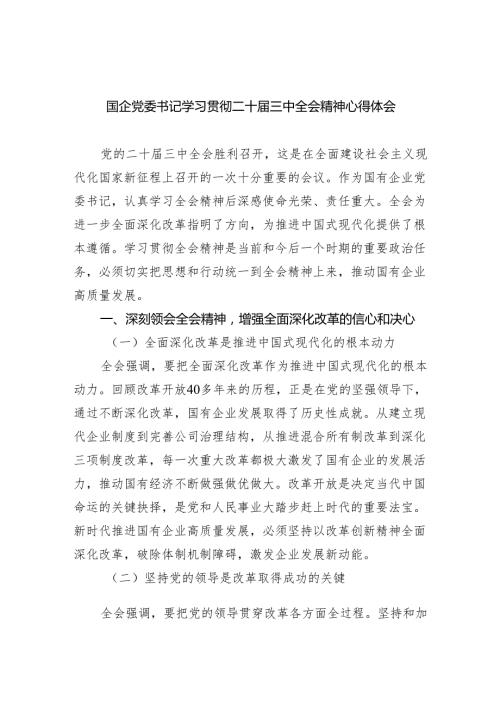 （9篇）国企党委书记学习贯彻二十届三中全会精神心得体会（精选）.docx