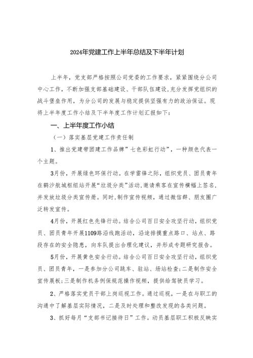 2024年党建工作上半年总结及下半年计划(10篇合集).docx