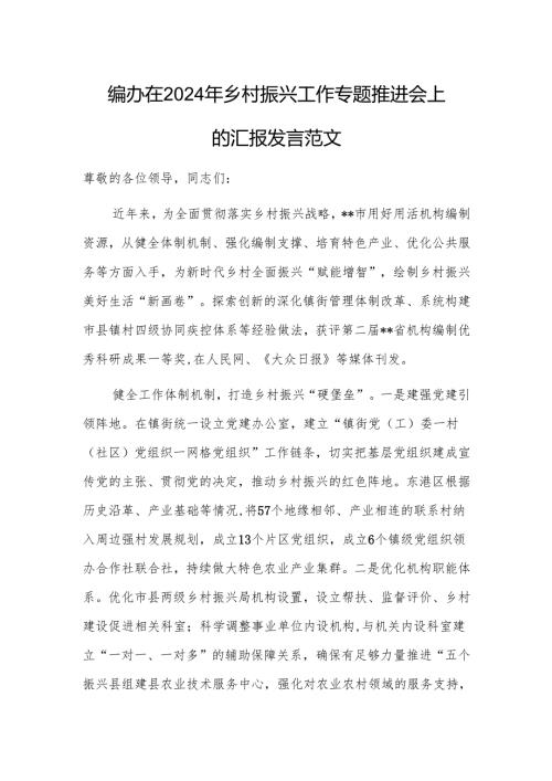 编办在2024年乡村振兴工作专题推进会上的汇报发言范文.docx