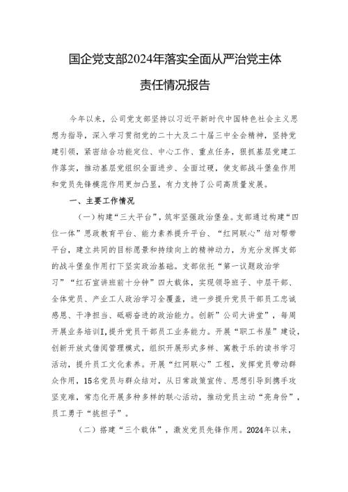 2024年度党支部落实全面从严治党主体责任情况工作情况总结汇报六篇.docx