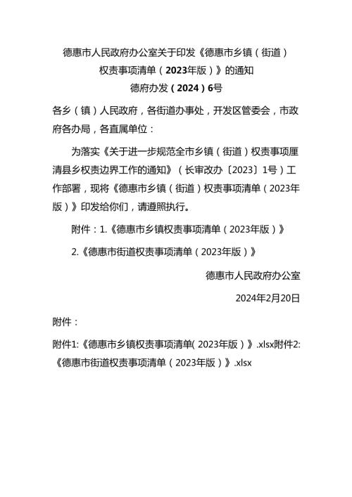 德惠市人民政府办公室关于印发《德惠市乡镇（街道）权责事项清单（2023年版）》的通知.docx