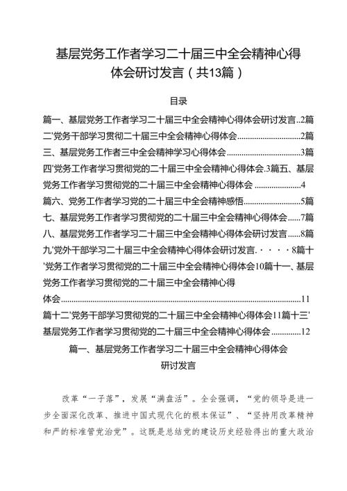 基层党务工作者学习二十届三中全会精神心得体会研讨发言13篇（最新版）.docx