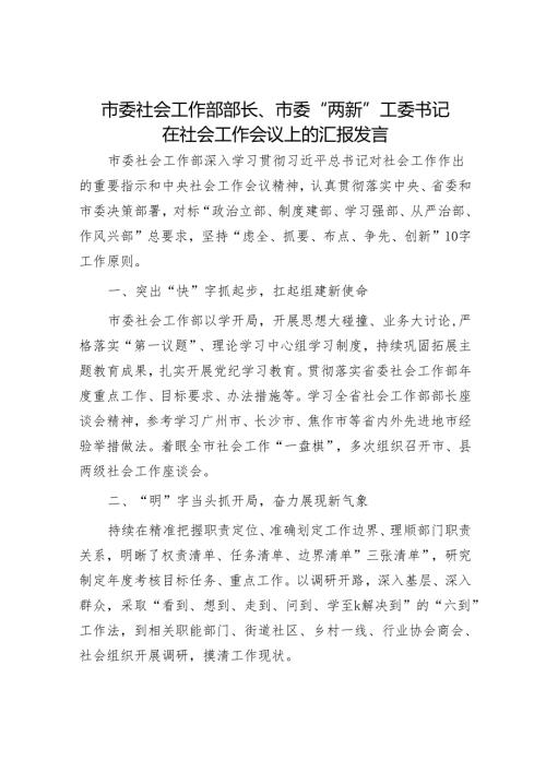 市委社会工作部部长、市委“两新”工委书记在社会工作会议上的汇报发言.docx