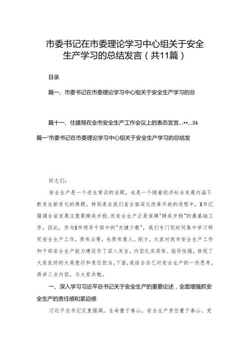 （11篇）市委书记在市委理论学习中心组关于安全生产学习的总结发言范文.docx
