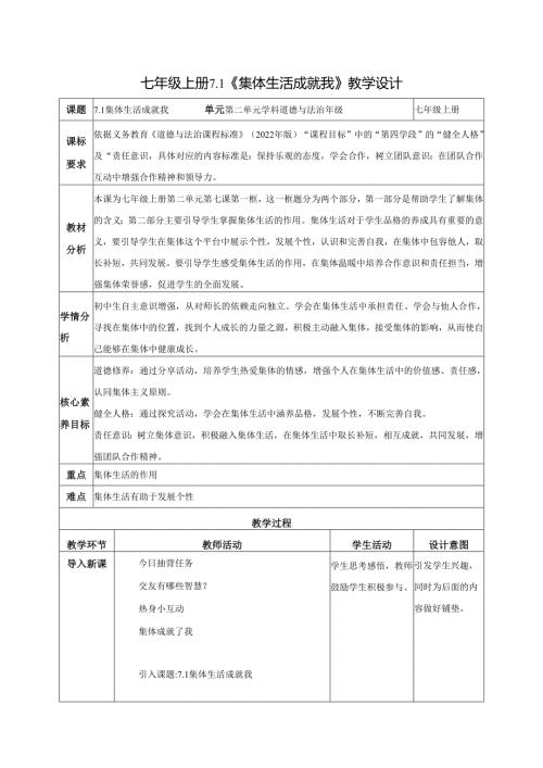 全国赛课一等奖统编版七年级道德与法治上册（人教2024年）《集体生活成就我》教学设计.docx