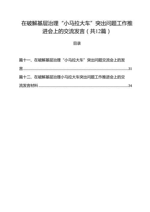 在破解基层治理“小马拉大车”突出问题工作推进会上的交流发言（共12篇）.docx