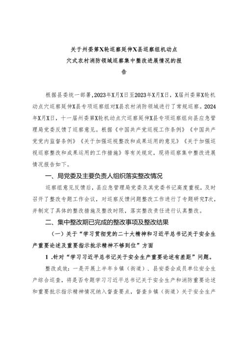关于州委巡察延伸县巡察组机动点穴式农村消防领域巡察集中整改进展情况的报告.docx