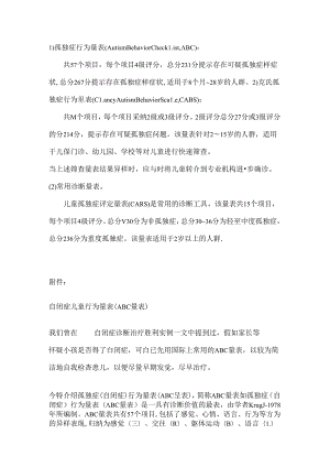 儿童自闭症常用筛查、诊断量表(abc量表、CARS评定量表、行为量表CABS).docx