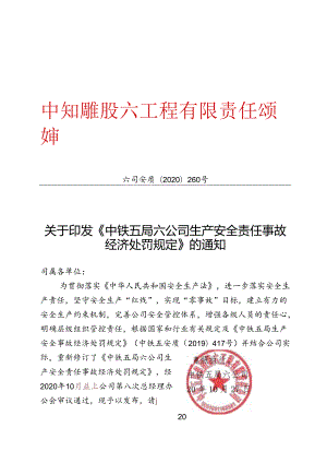 关于印发《中铁五局六公司生产安全责任事故经济处罚规定》的通知.docx