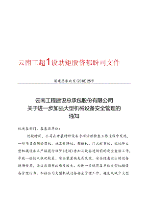 25号云南工程建设总承包股份有限公司关于进一步加强大型机械设备安全管理的通知.docx
