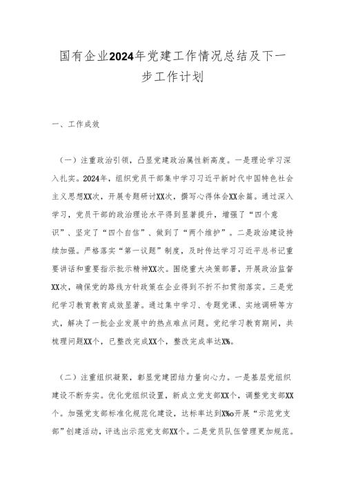 国有企业2024年党建工作情况总结及下一步工作计划.docx