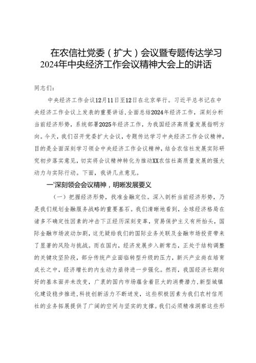 在农信社党委（扩大）会议暨专题传达学习2024年中央经济工作会议精神大会上的讲话.docx