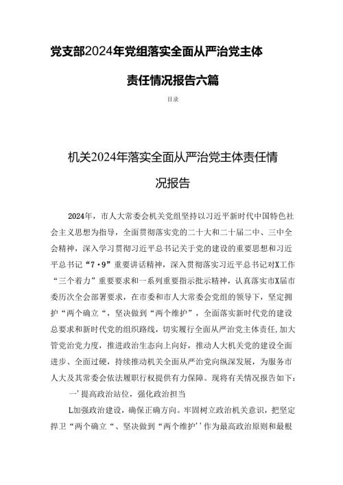 党支部2024年党组落实全面从严治党主体责任情况报告六篇.docx
