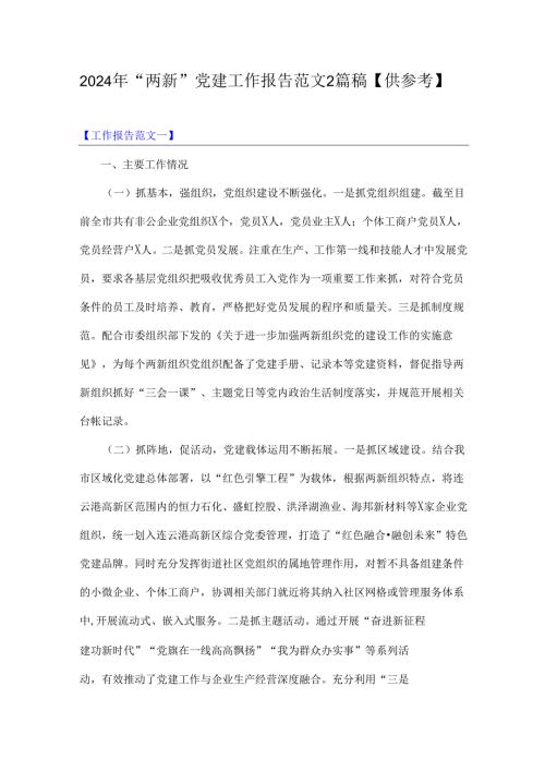 2024年“两新”党建工作报告范文2篇稿【供参考】.docx